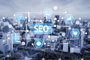 Explore a modern digital marketing strategy with SEO concepts, data mining, and best practices set against a sleek city skyline backdrop. Perfect for tech-focused projects. Tessel