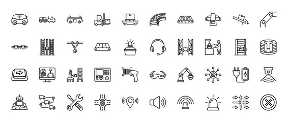 Industrial logistics and automation line icon set. Vector pictograms of autonomous vehicle, conveyor, forklift, robot, and scanner, thin linear illustration.