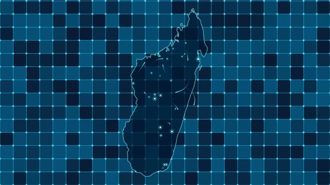 Digital grid map animation of Madagascar, Technology, Communication, Transportation