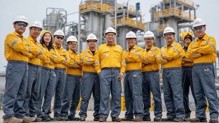Energy Industry Professionals: A dedicated team of energy industry professionals stands proudly in front of a modern processing plant, embodying teamwork and expertise.