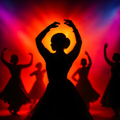 A silhouette of a classical dancer in a group dancing pose