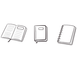 Three hand drawn books open closed spiral bound vector