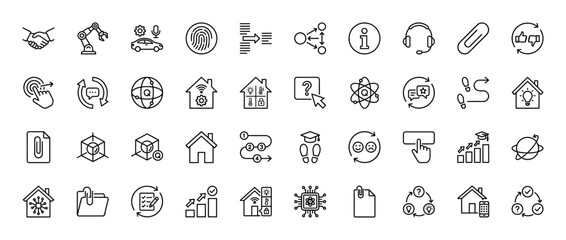 Technology and smart home line icon set. Vector pictograms of robotics, fingerprint, data exchange, and learning concepts, thin linear illustration.