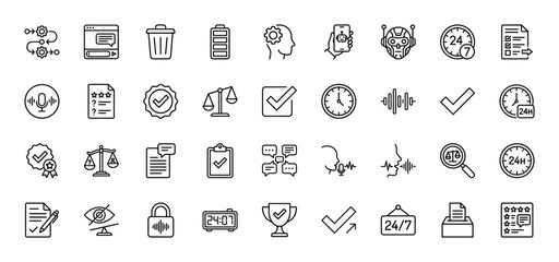 Quality assurance and process icons line set. Vector pictograms of settings, check marks, time, voice, and balance, thin linear illustration.