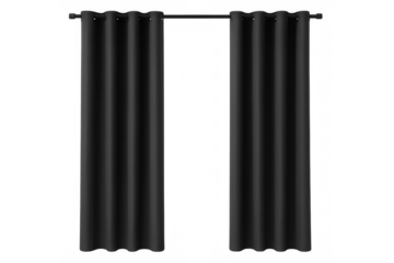 Black curtains covering transparent background with hanging rod