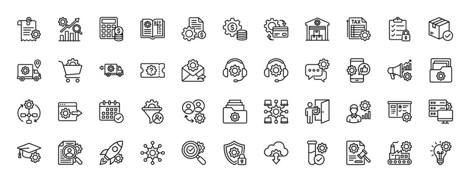 Business and management line icon set. Vector pictograms of settings, finance, analytics, logistics, and data, thin linear illustration.
