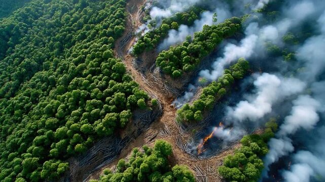 Deforestation Aerial View: A stark aerial perspective captures the devastating impact of deforestation, as swathes of lush forest give way to barren earth, with smoke billowing from burning trees.