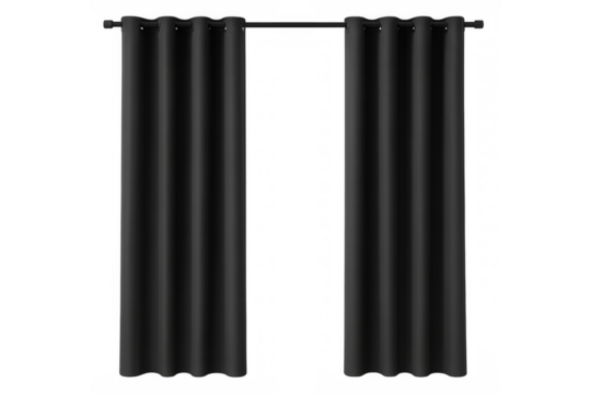 Black curtains covering transparent background with hanging rod