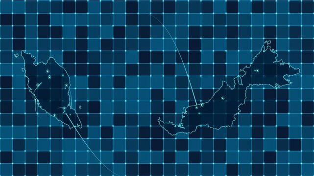 Digital grid map animation of Malaysia, Technology, Communication, Transportation