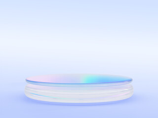 3d crystal glass podium with neon light holographic gradient on pastel blue background. Round hologram levitating platform. Iridescent transparent stage, stand for product display. 3D illustration