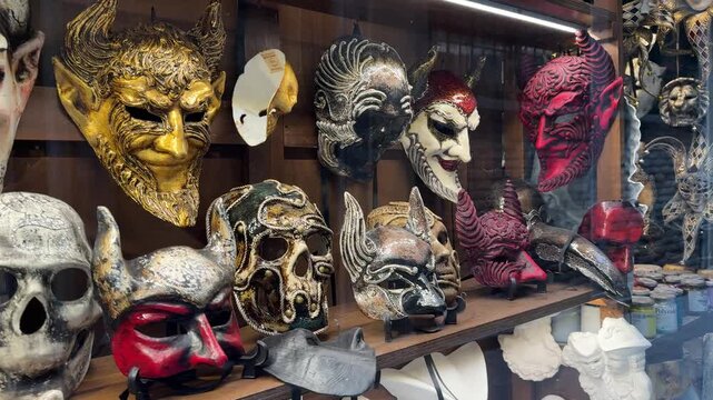 Carnival masks in Venice Italy. Terrible devil, crap, daemon villains masquerade mask for the Venetian festivale.