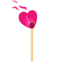 Match with flame in heart shape isolated on white background. Vector illustration for valentine's day card. Doodle cartoon valentine's day love element.
