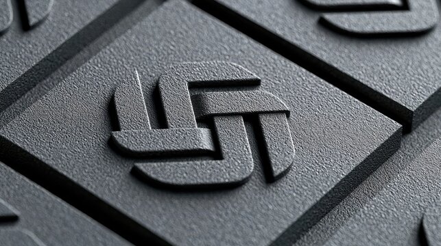 Close-up of an abstract logo design embossed on a textured, dark gray surface. The image features dramatic lighting and a shallow depth of field.