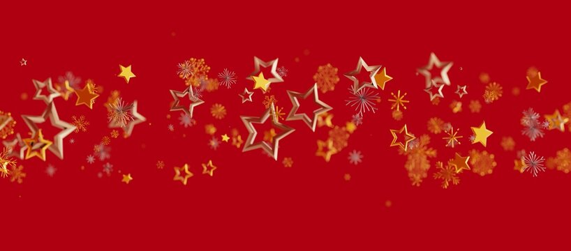 Christmas background with golden stars and snowflakes on a vibrant red backdrop perfect for holiday season. - Powered by Adobe