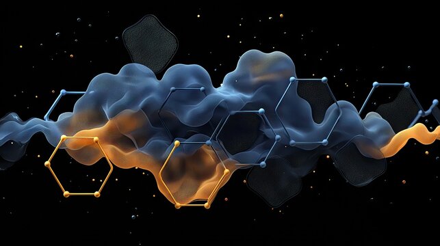 An abstract image featuring molecular structures, fluid shapes, and particles against a black backdrop.