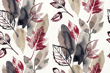 Elegant pattern with watercolor leaves. Abstract botanical art in red, beige, and gray tones. Perfect for textile, wallpaper, and background.