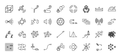 Robotics and navigation technology line icon set. Vector pictograms of satellite, radar, sensor, neural network, swarm, algorithm and automation, thin linear illustration.
