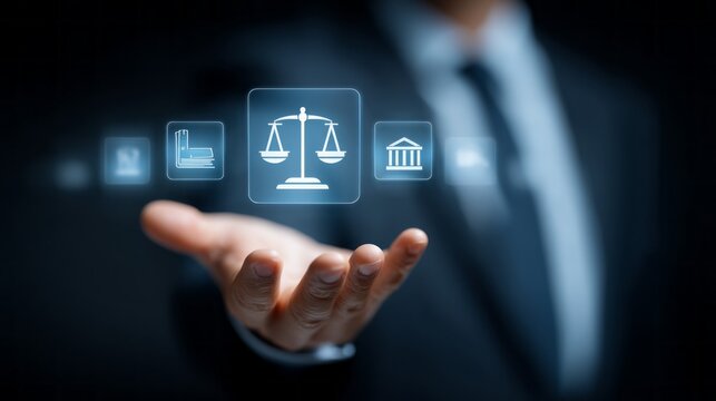 A hand extends forward, displaying glowing icons of justice, legal books, and a court building. This scene captures the connection between technology and the legal profession in today's world