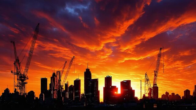 Skyline Silhouette at Sunset: Cityscape against a vibrant sunset sky, with construction cranes punctuating the skyline, creating a dramatic and dynamic view of urban development. 