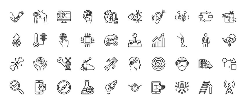 Future technology and bionics line icon set. Vector pictograms of robotics, artificial intelligence, and innovation concepts, thin linear illustration.