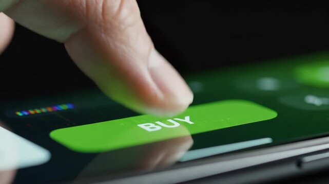 A finger hovers over a vibrant buy button on a phone screen, followed by an enthusiastic tap. Moments later, confirmation appears, showcasing the ease of modern online shopping.