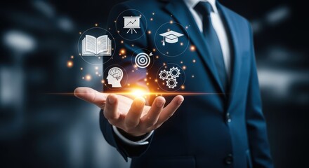 Digital Education, E-learning, and Online Knowledge Concept with Businessman Holding Virtual Learning Icons