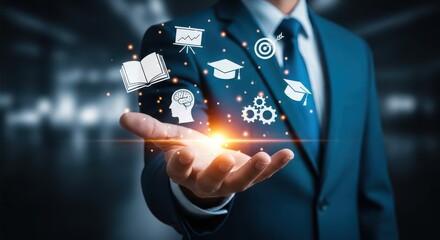 Digital Education, E-learning, and Online Knowledge Concept with Businessman Holding Virtual Learning Icons