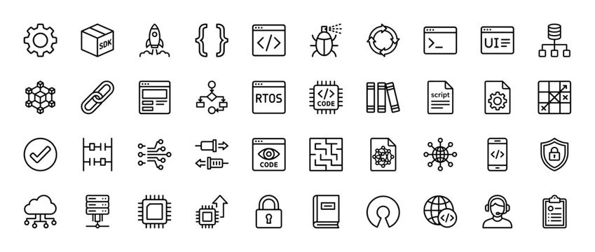 Programming and development line icon set. Vector pictograms of settings, sdk, rocket, code, bug, database, server, and cloud, thin linear illustration.