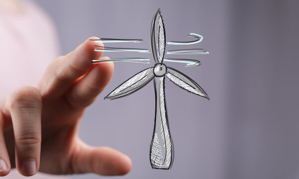 Sketch of wind turbine, hand interaction, clean energy, eco-friendly, sustainable, renewable energy, power generation, green technology, e