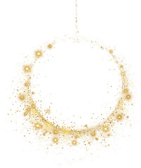 Fototapeta na wymiar Abstract Shiny Gold Glitter Bauble Christmas Circle Frame. Glowing Bokeh and Stars Element