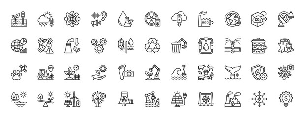 Ecology and environmental protection line icon set. Vector pictograms of renewable energy, pollution, climate change, and sustainability, thin linear illustration.