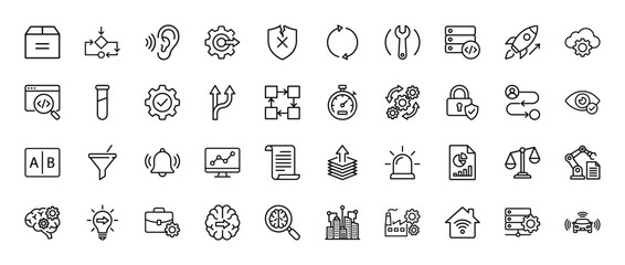 Technology and development line icon set. Vector pictograms of coding, testing, security, and analysis, thin linear illustration.