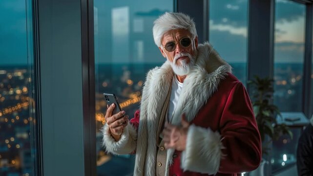A man dressed as Santa Claus taking a selfie with his phone