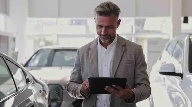 Man customer male buyer client wear classic suit use digital tablet pc computer chooses auto wants to buy new automobile in car showroom vehicle salon dealership store motor show indoor. Sales concept