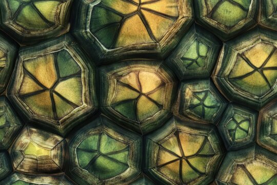 Turtle shell texture with copy space. Close-up turtle pattern. Reptile shell design. Turtle scales. Realistic turtle shell. Turtle design texture. Detailed turtle shell close-up. Wild Animal texture.	