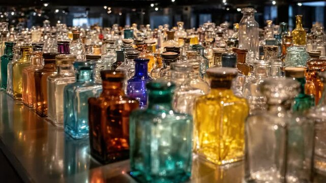 Colorful Glass Bottles Arrayed on Reflective Surface Art Installation with Dark Background and Selective Focus, Museum Exhibition Display, Craftsmanship and Color, Artistic