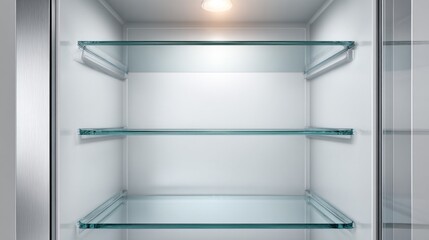 A bright and spacious refrigerator stands open, displaying its clean glass shelves with ample room for fresh produce and drinks. The interior light enhances its inviting feel