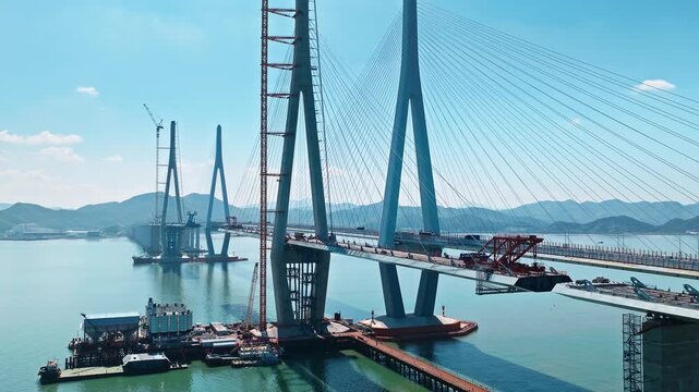 Aerial shot of massive cable-stayed bridge under construction over the sea with cranes and pylons