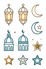 Fototapeta premium Elegant Ramadan lanterns, mosques, crescents, and stars for a blessed Eid celebration design elements, perfect for greetings and festive social media graphics