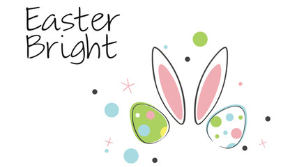 Happy easter greeting with cute bunny ears and colorful decorated eggs surrounded by playful dots and star shapes on a white background