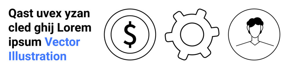 Finance, business operations, digital platforms, technology, human resources, communication. Black outline icons of a dollar sign, gear and user profile head. Finance and business operations concept