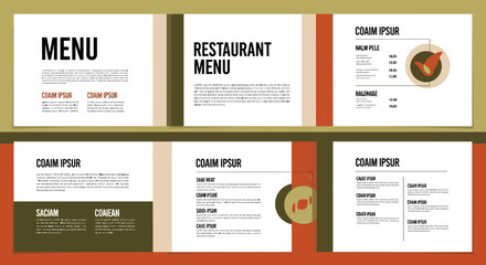 Restaurant menu design with various layout options and sample food images