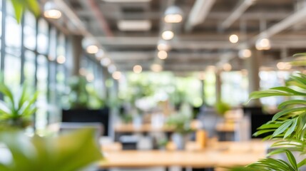 Bright and airy office environment showcases large windows letting in sunlight. Lush plants add a refreshing touch to the workspace, promoting creativity and focus among workers