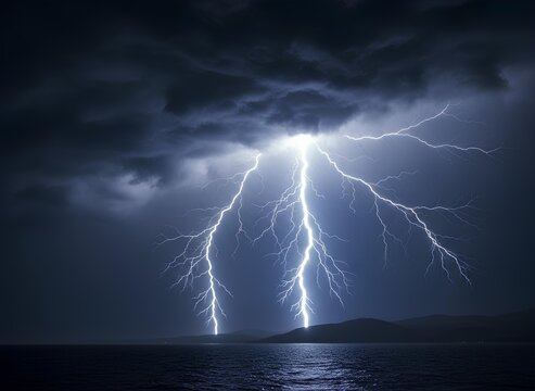 A dramatic night storm unfolds over the sea as powerful lightning bolts strike the distant hills, illuminating the dark sky with intense energy and creating a breathtaking, atmospheric scene.