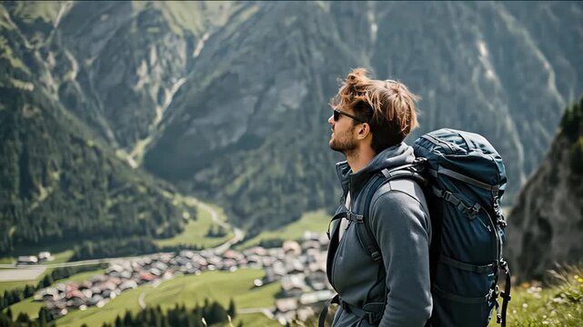 Adventurous man with sunglasses and backpack gazes upward on mountain trail, showcasing scenic landscape, camera pans upward revealing expansive view