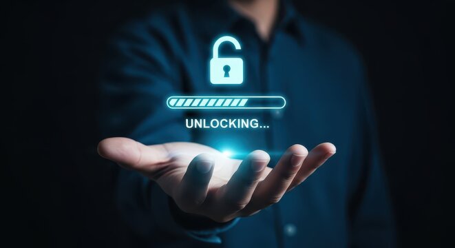 Data Unlocking and Authorization Concept with Progress Bar and Open Padlock Icon
