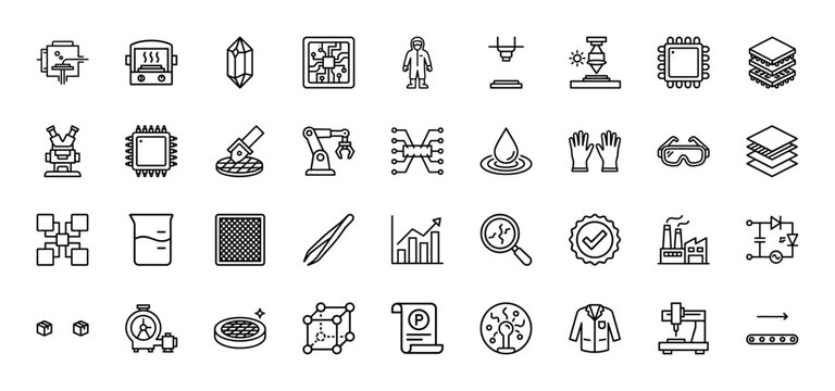 Semiconductor manufacturing line icon set. Vector pictograms of microchip, wafer, cpu, cleanroom, circuit, robot, laser, microscope, factory, thin linear illustration