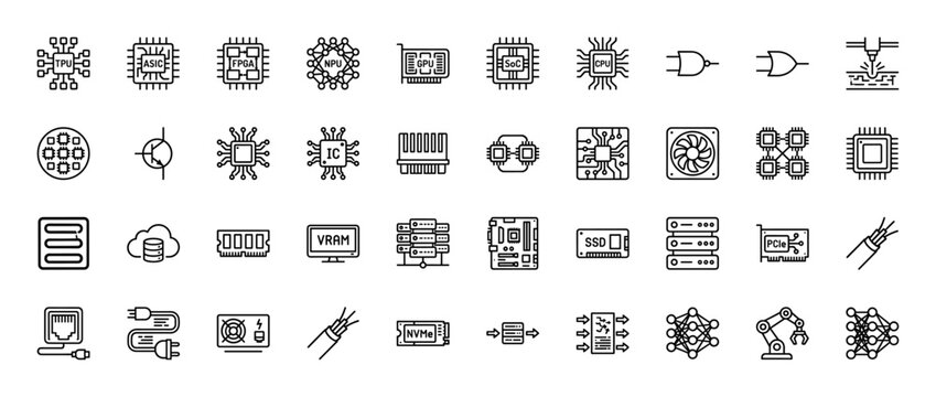 Electronics and computing line icon set. Vector pictograms of cpu, gpu, memory, motherboard, data storage, and network hardware, thin linear illustration.