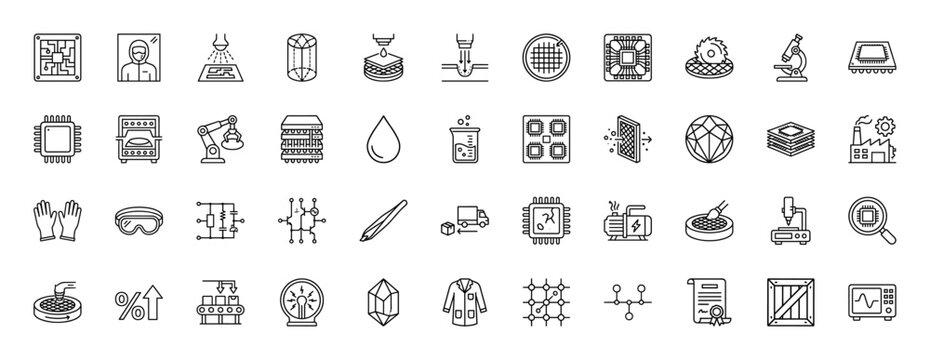 Semiconductor manufacturing line icon set. Vector pictograms of microchips, wafers, cleanrooms, and fabrication equipment, thin linear illustration.