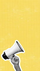 Hand holding a megaphone on a yellow grid background for communication and announcements